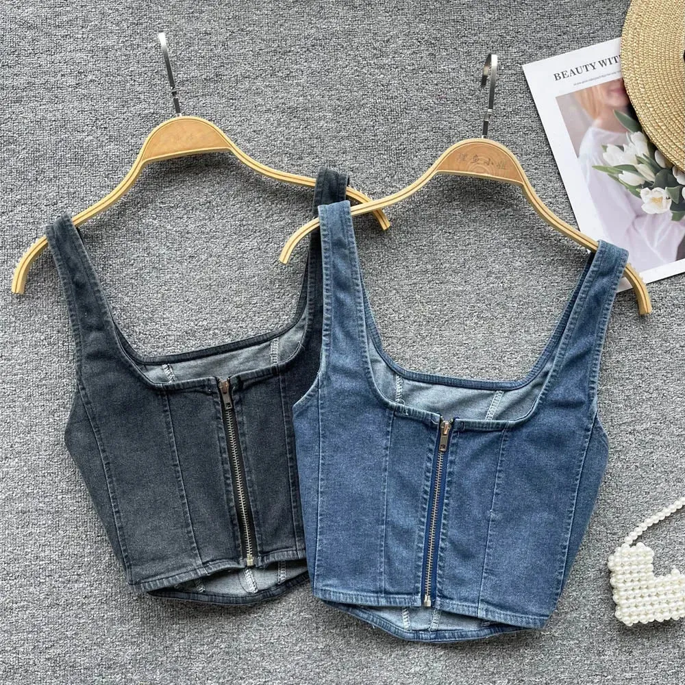 Denim Zipper Patchwork Square Collar Corset Tops