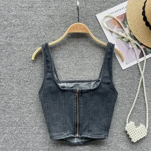 Denim Zipper Patchwork Square Collar Corset Tops