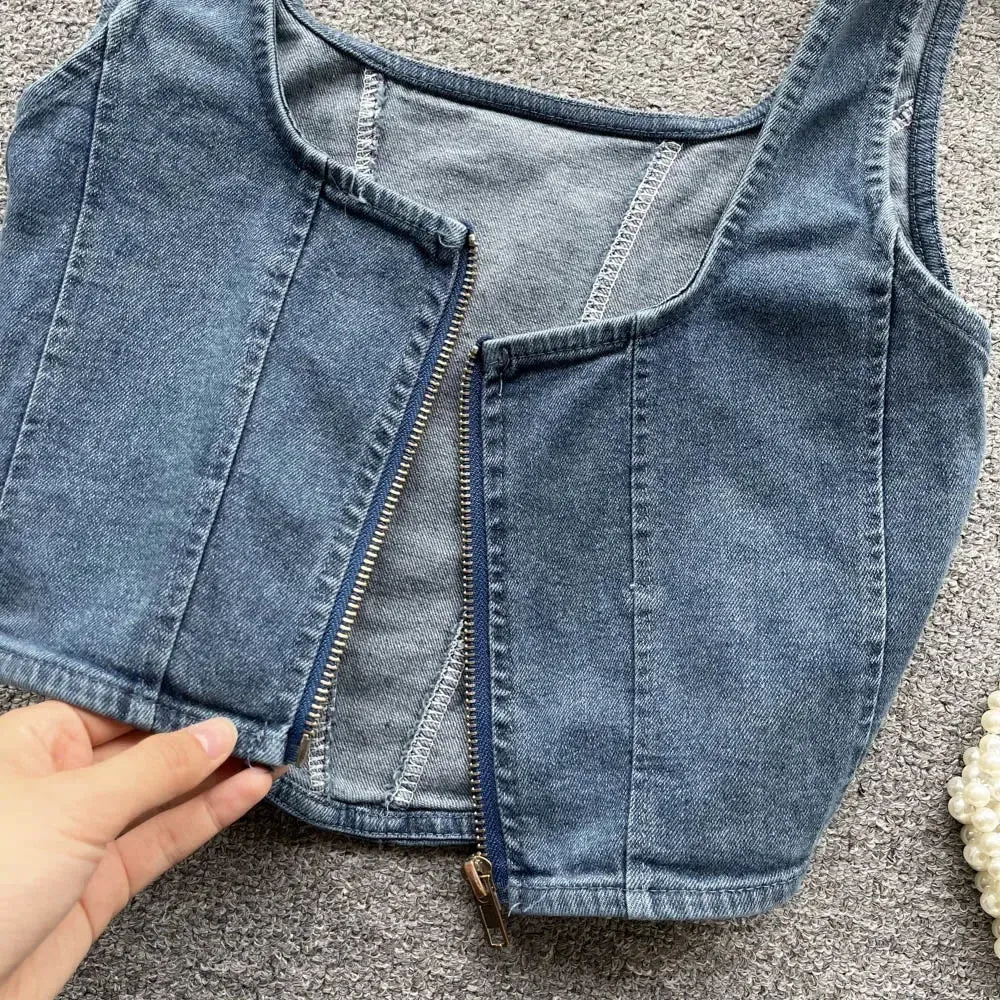 Denim Zipper Patchwork Square Collar Corset Tops