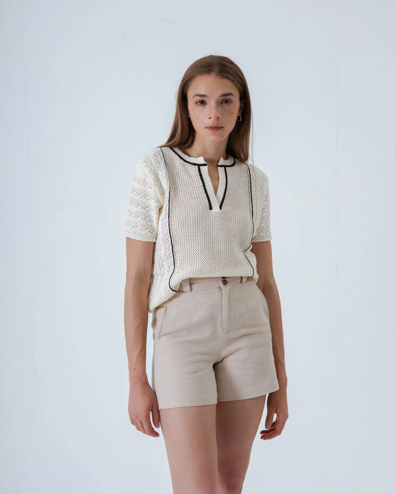 Dual Button Linen Shorts (Khaki)