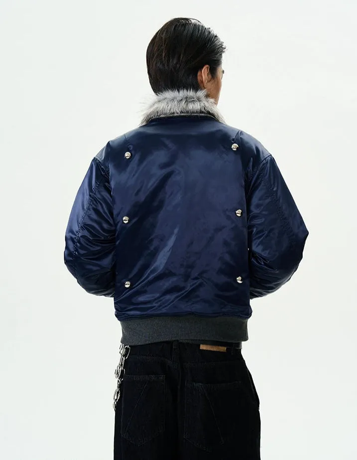 Faux Fur-Collar Bomber Jacket with Studs Detail