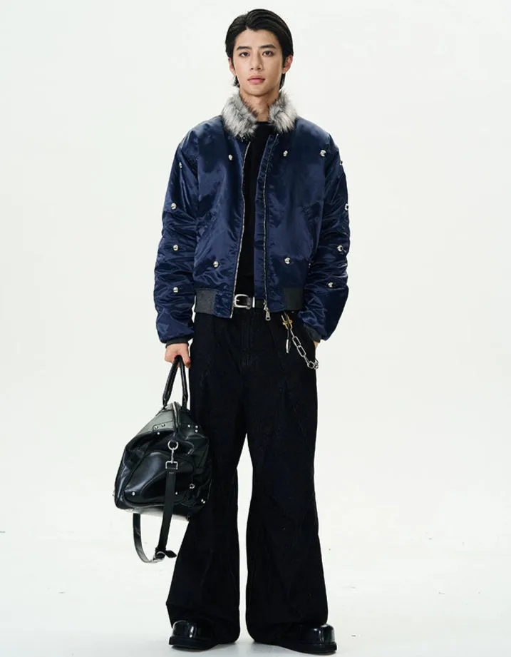 Faux Fur-Collar Bomber Jacket with Studs Detail