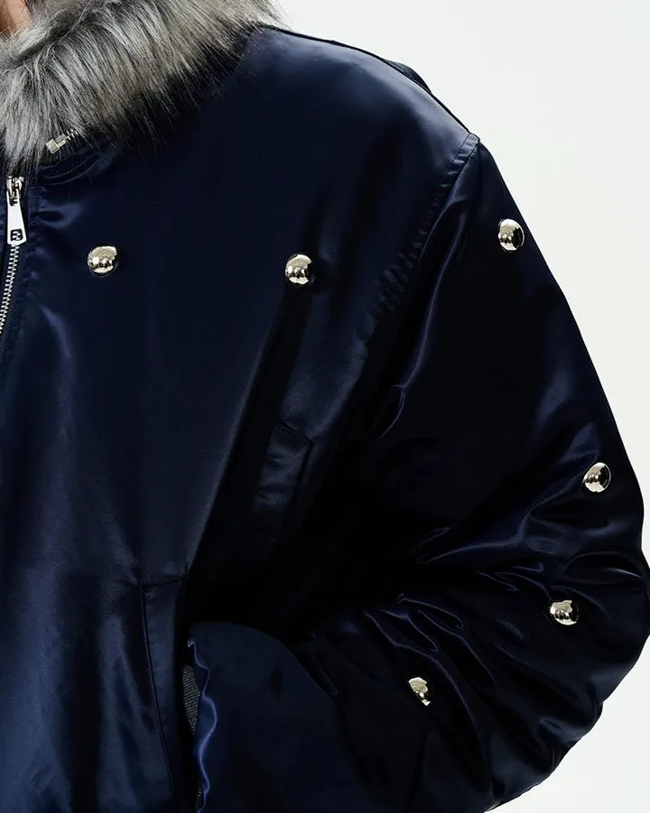 Faux Fur-Collar Bomber Jacket with Studs Detail