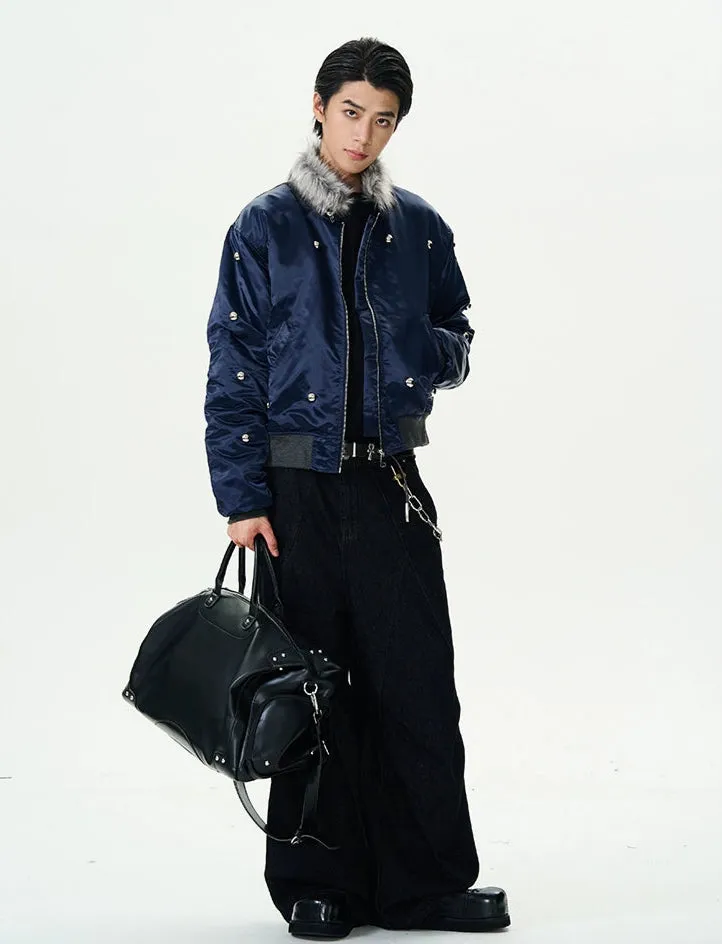 Faux Fur-Collar Bomber Jacket with Studs Detail