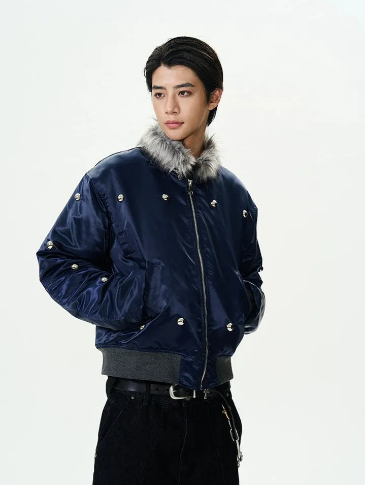 Faux Fur-Collar Bomber Jacket with Studs Detail