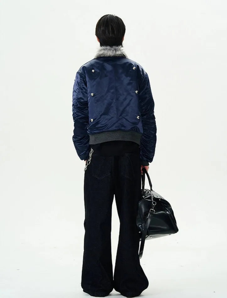 Faux Fur-Collar Bomber Jacket with Studs Detail
