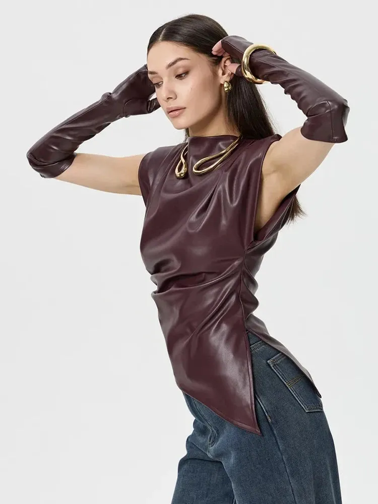 Faux Leather Folds Crop Tops With Gloves