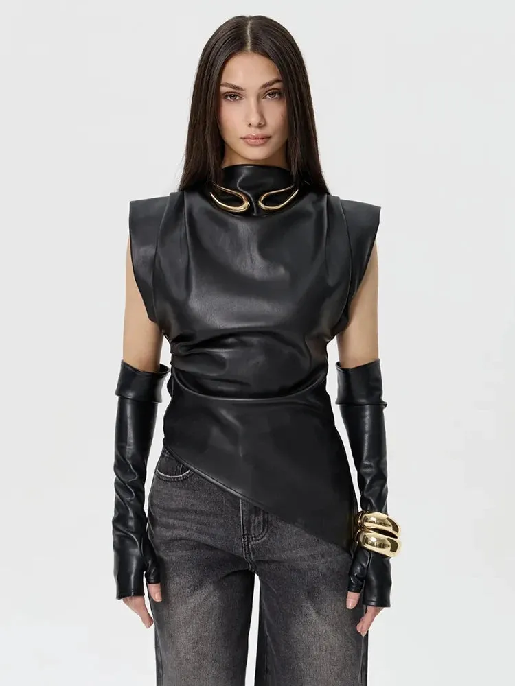 Faux Leather Folds Crop Tops With Gloves