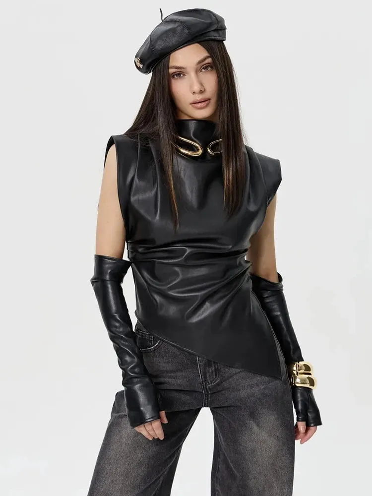 Faux Leather Folds Crop Tops With Gloves