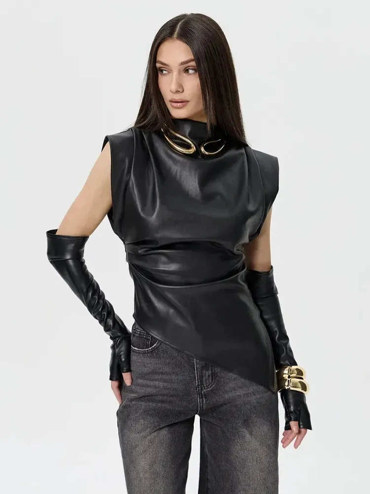 Faux Leather Folds Crop Tops With Gloves
