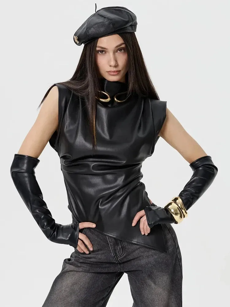 Faux Leather Folds Crop Tops With Gloves