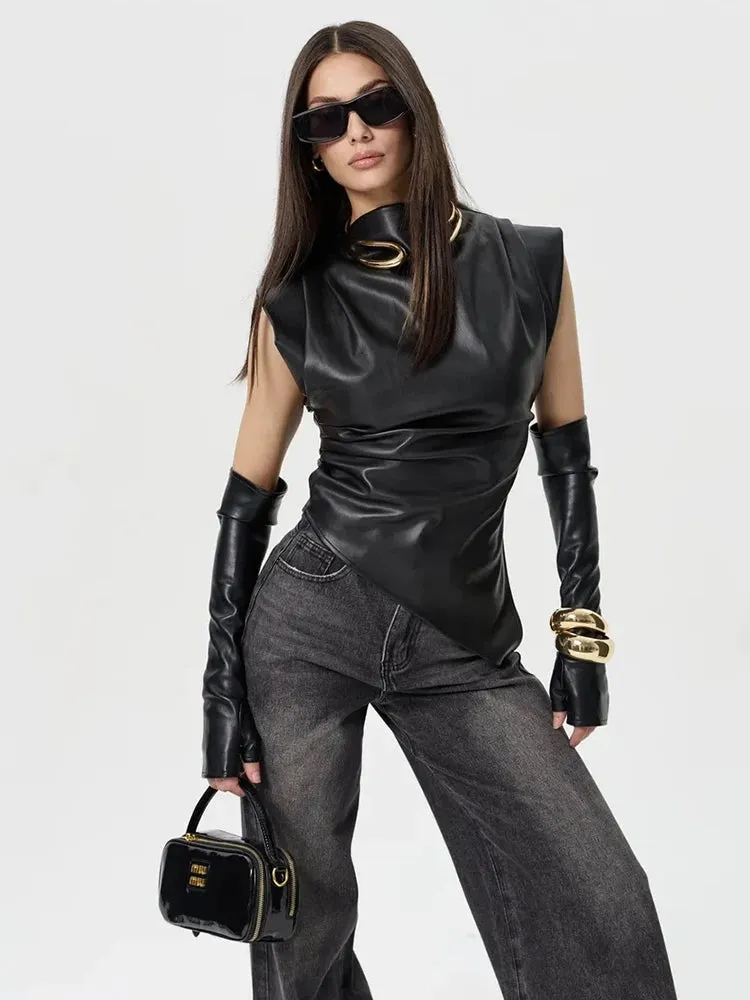 Faux Leather Folds Crop Tops With Gloves