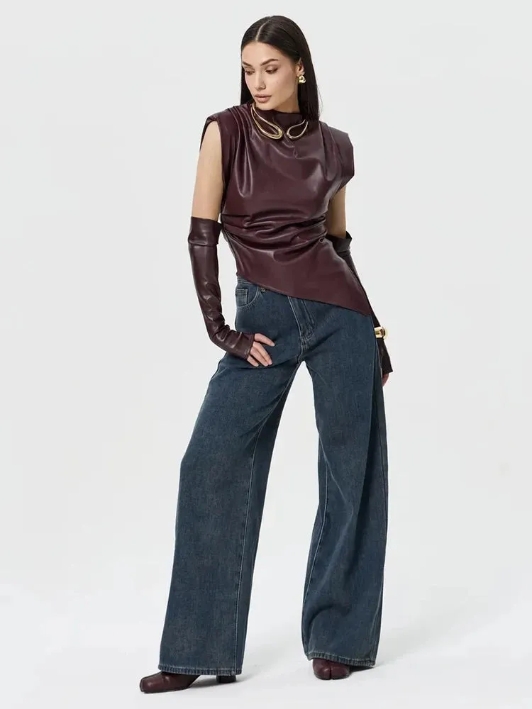 Faux Leather Folds Crop Tops With Gloves