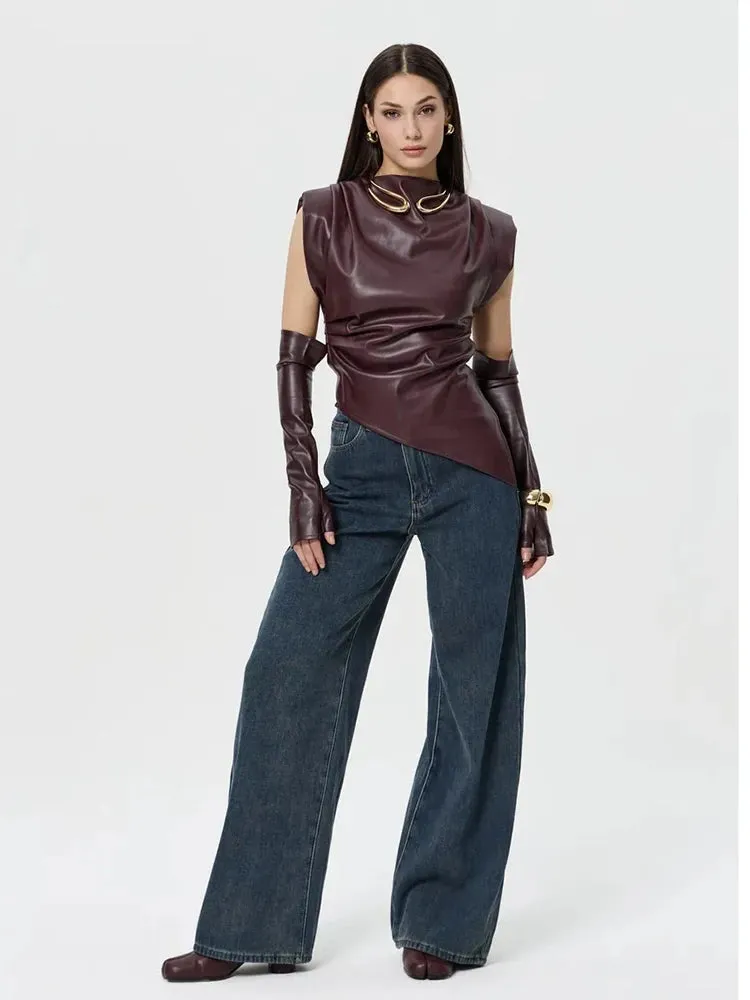 Faux Leather Folds Crop Tops With Gloves