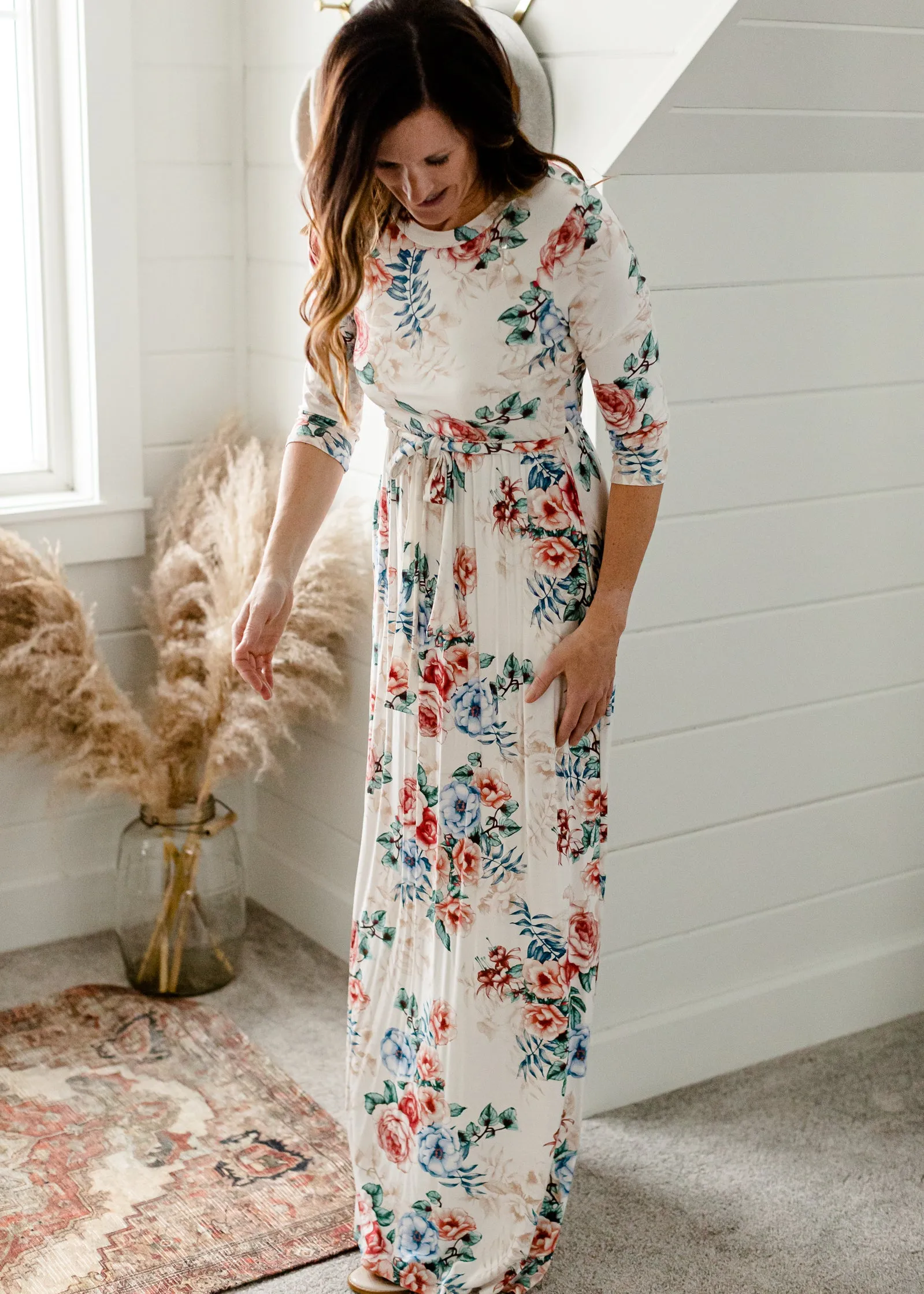 Floral 3/4 Sleeve Belted Maxi Dress - FINAL SALE