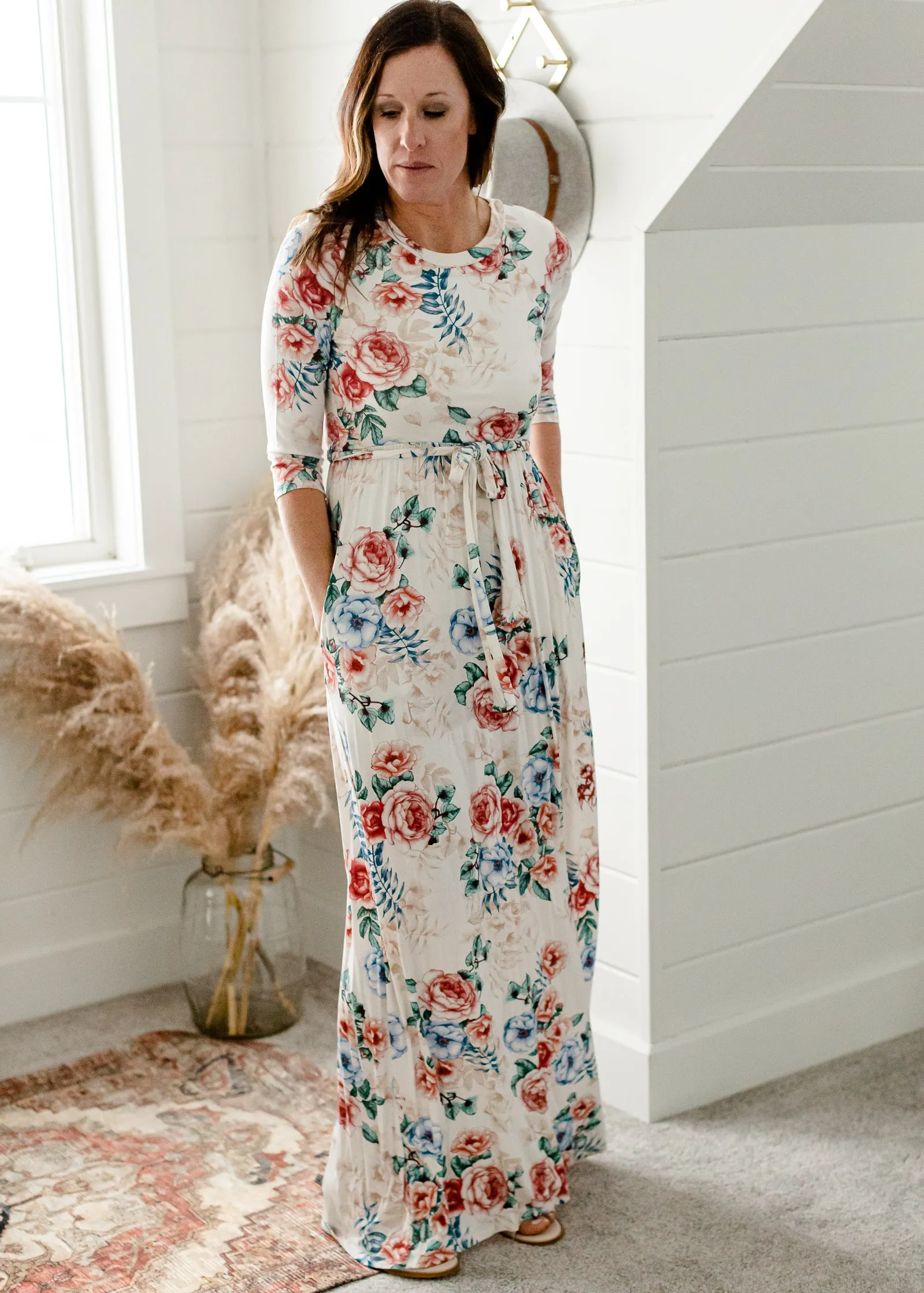 Floral 3/4 Sleeve Belted Maxi Dress - FINAL SALE