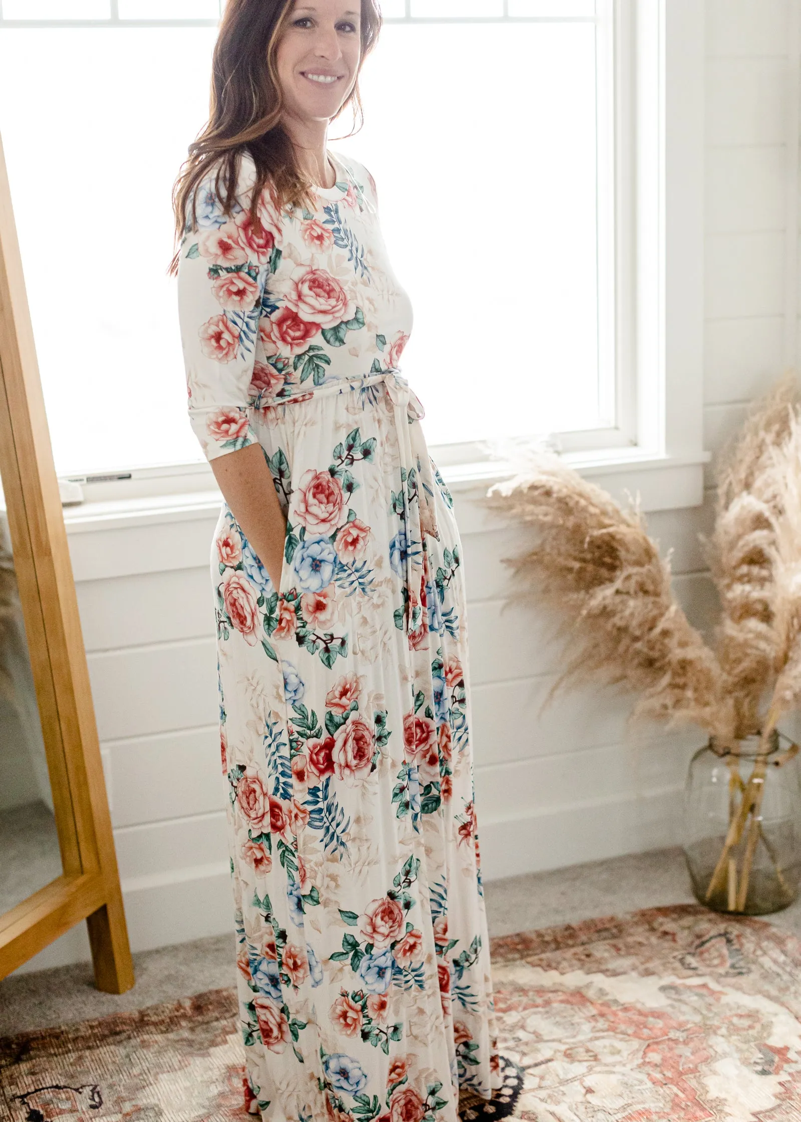 Floral 3/4 Sleeve Belted Maxi Dress - FINAL SALE