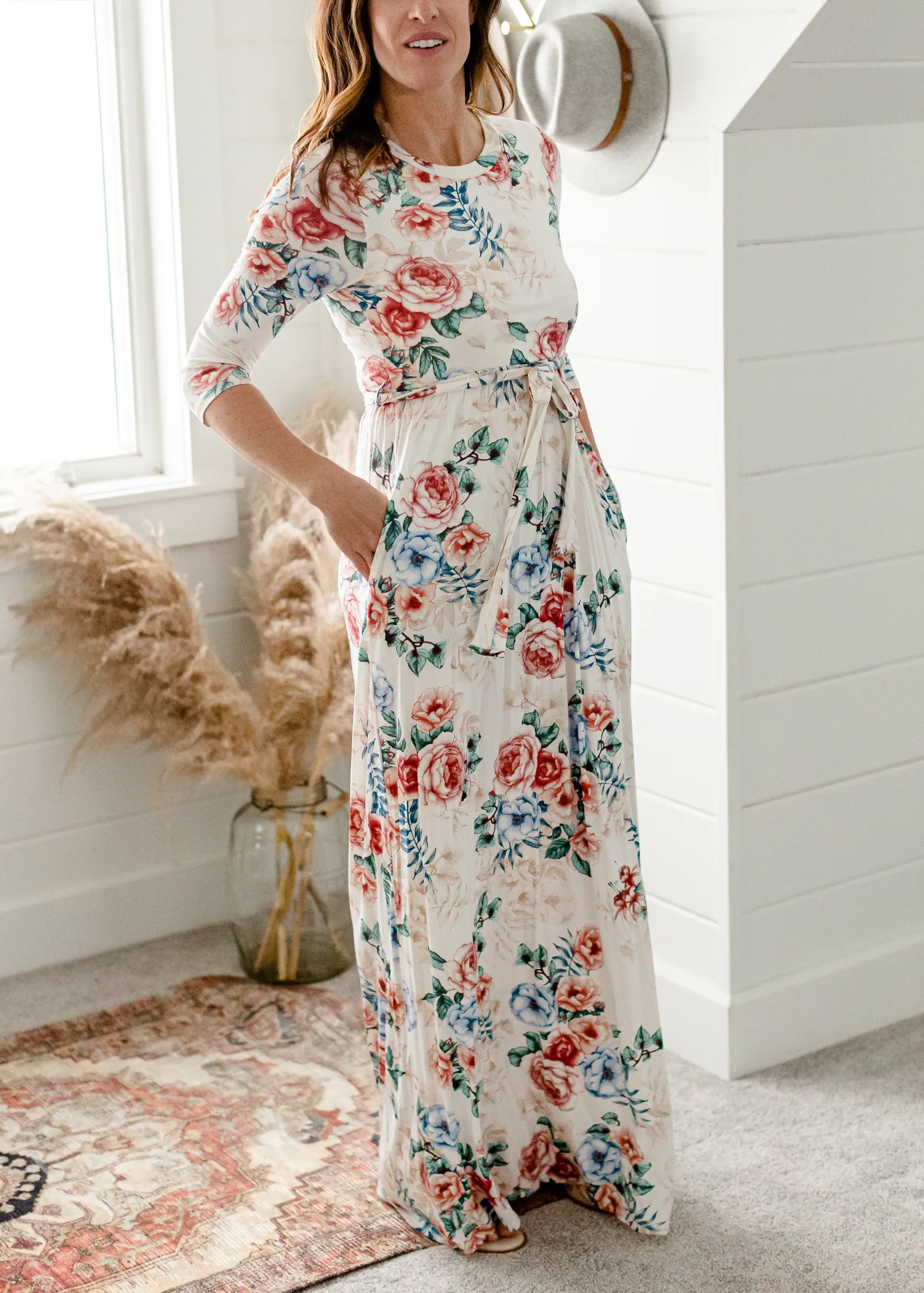 Floral 3/4 Sleeve Belted Maxi Dress - FINAL SALE