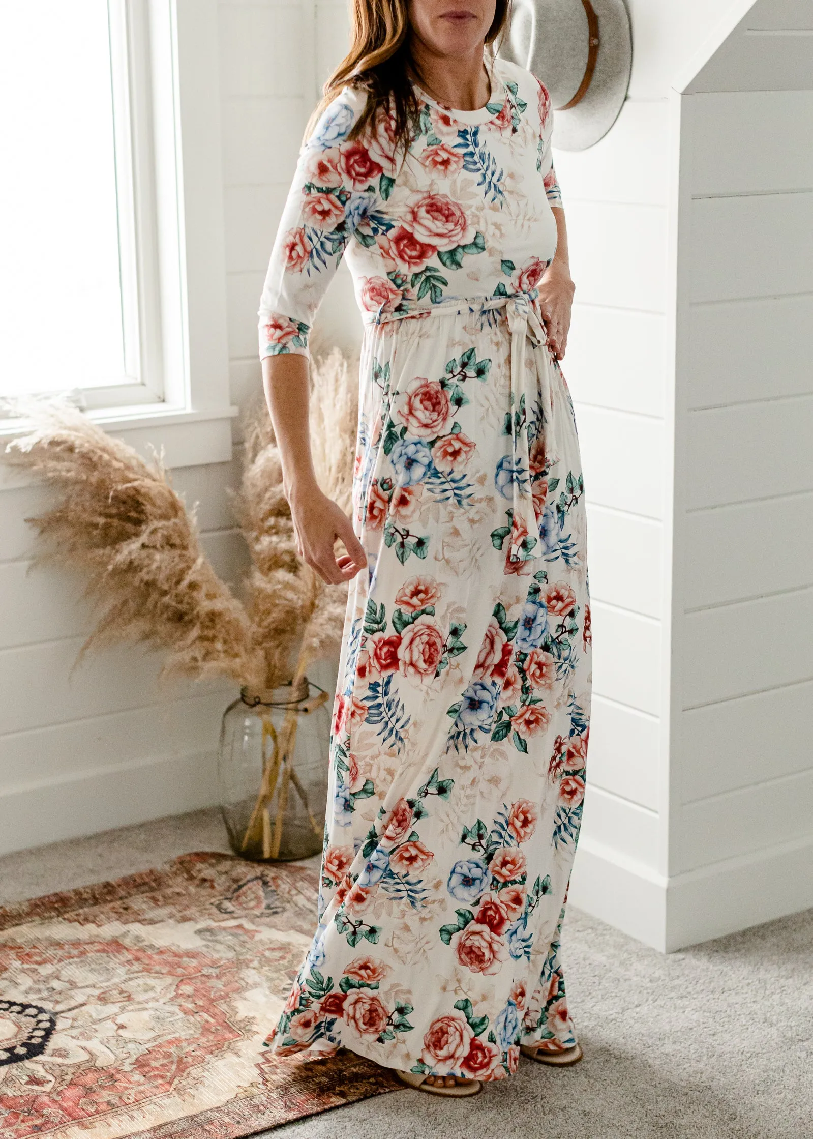 Floral 3/4 Sleeve Belted Maxi Dress - FINAL SALE