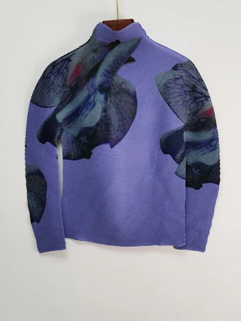 Flower Printing T-shirt For Women super stretch Pleated Long Sleeve Shirt Tops Spring summer