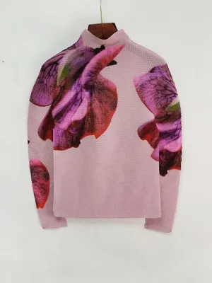 Flower Printing T-shirt For Women super stretch Pleated Long Sleeve Shirt Tops Spring summer
