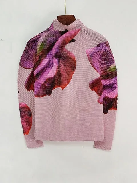Flower Printing T-shirt For Women super stretch Pleated Long Sleeve Shirt Tops Spring summer