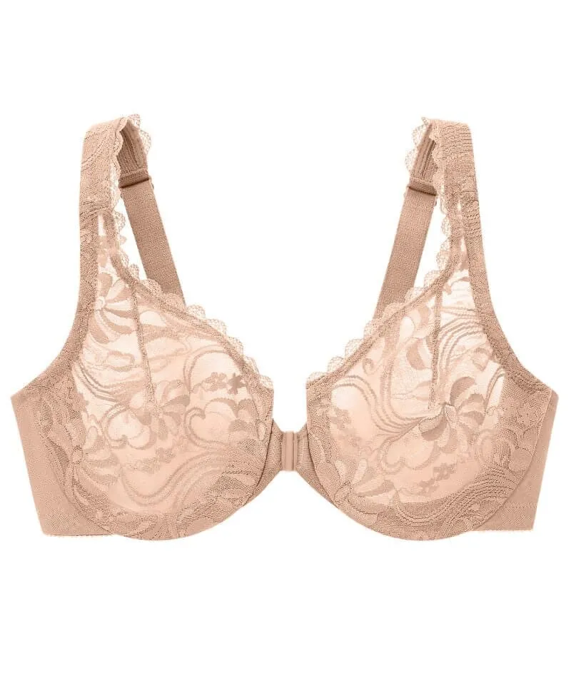 Glamorise WonderWire Front-Closure Stretch Lace Bra - Cafe