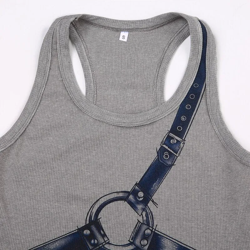Grey Ribbed Knit Print Sleeveless Top