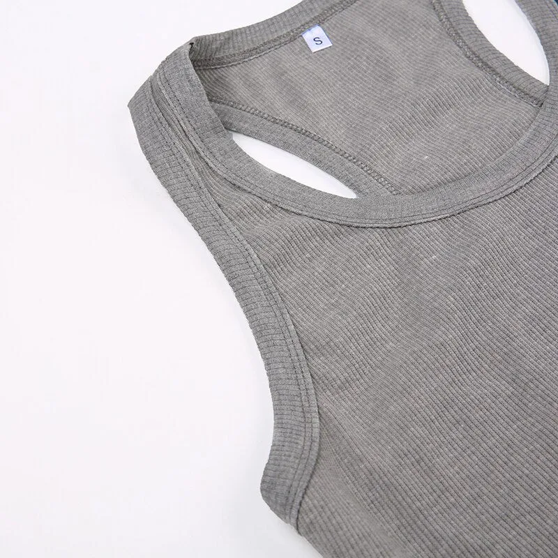 Grey Ribbed Knit Print Sleeveless Top