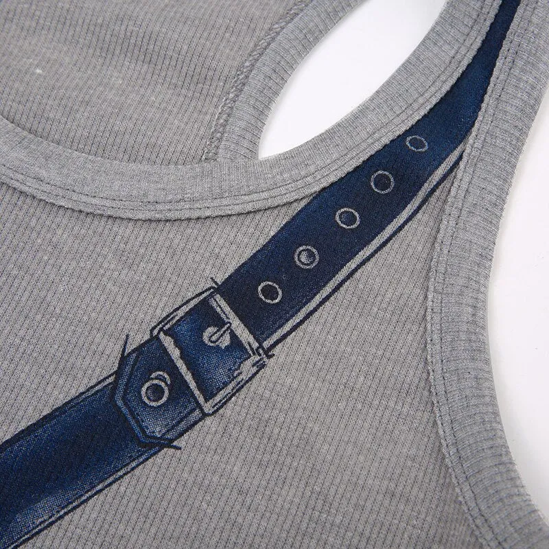 Grey Ribbed Knit Print Sleeveless Top