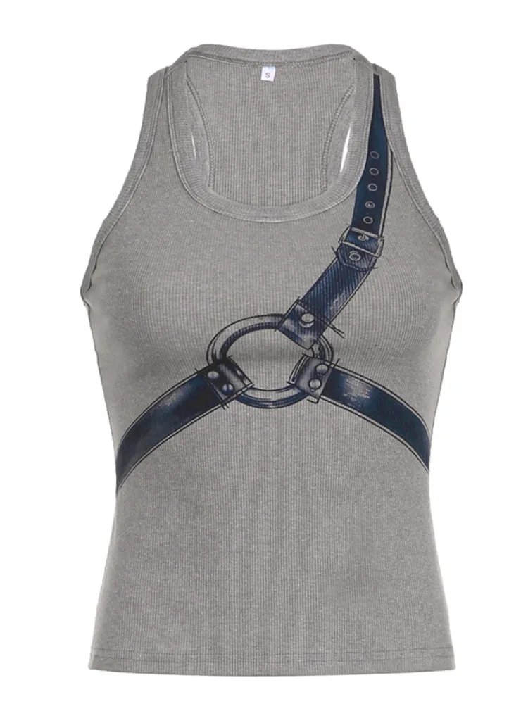 Grey Ribbed Knit Print Sleeveless Top