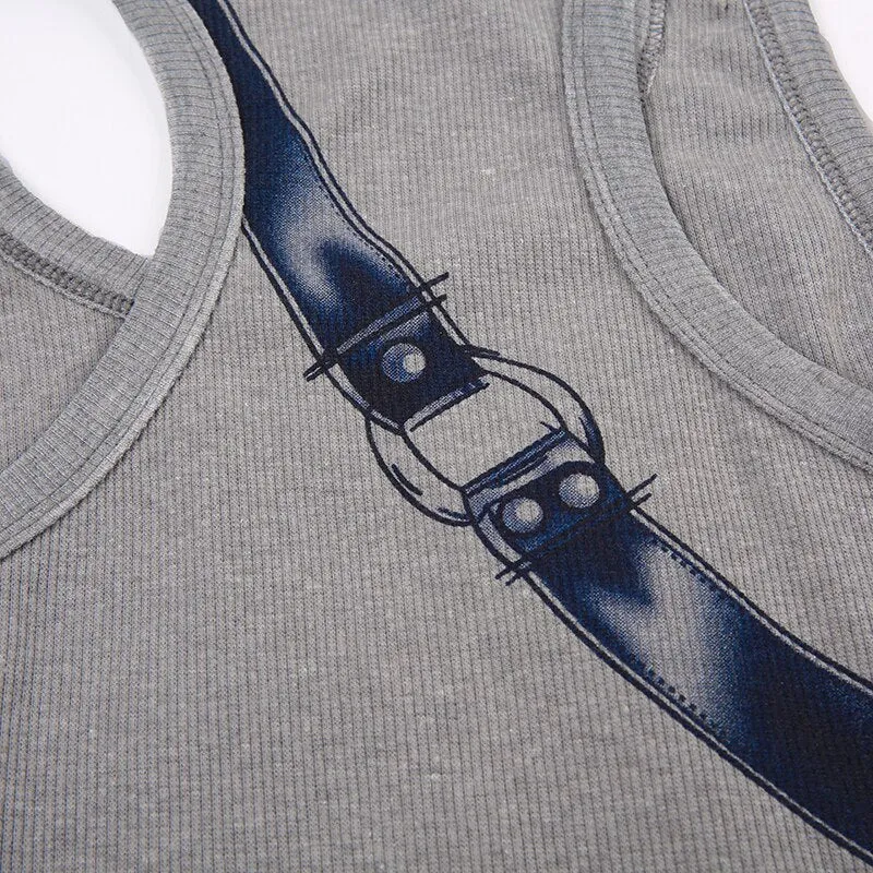 Grey Ribbed Knit Print Sleeveless Top