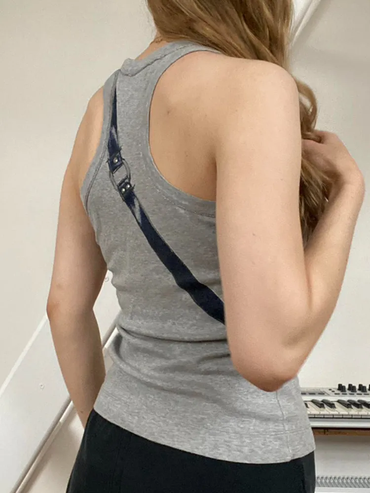 Grey Ribbed Knit Print Sleeveless Top
