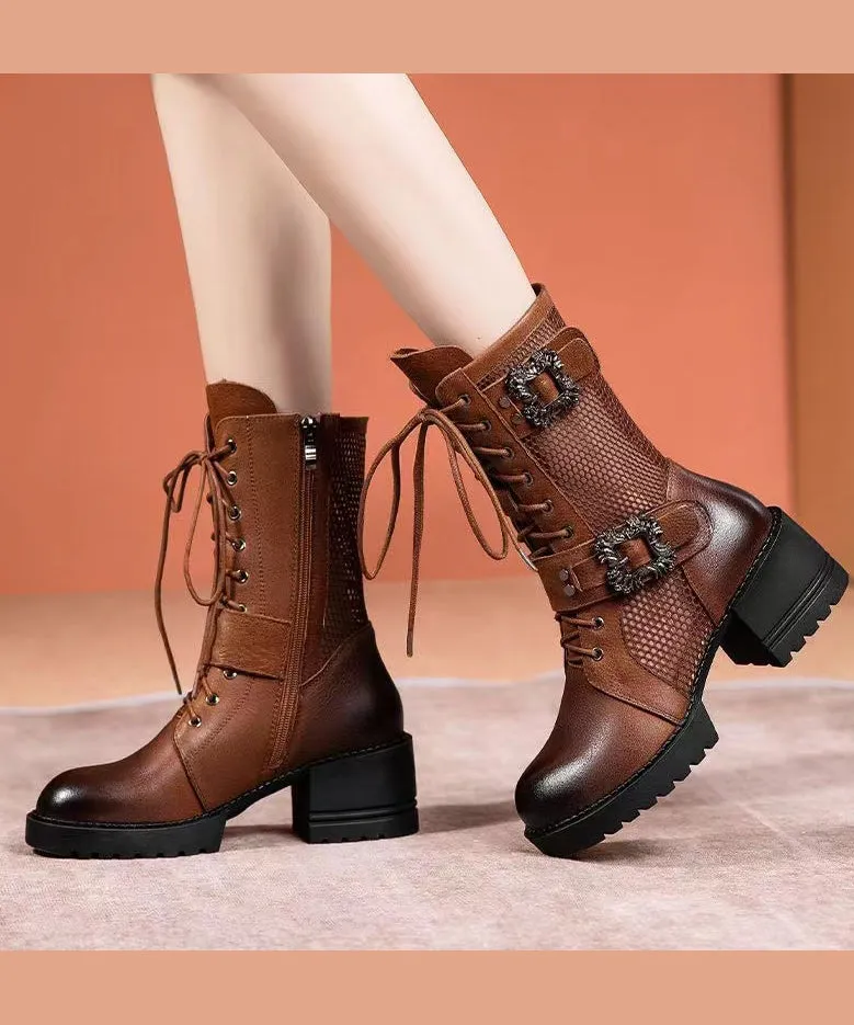 Khaki Cross Strap Splicing Chunky Hollow Out Boots RD027