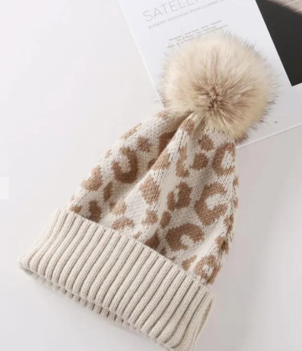 Leopard Beanie with Faux Pom Pom