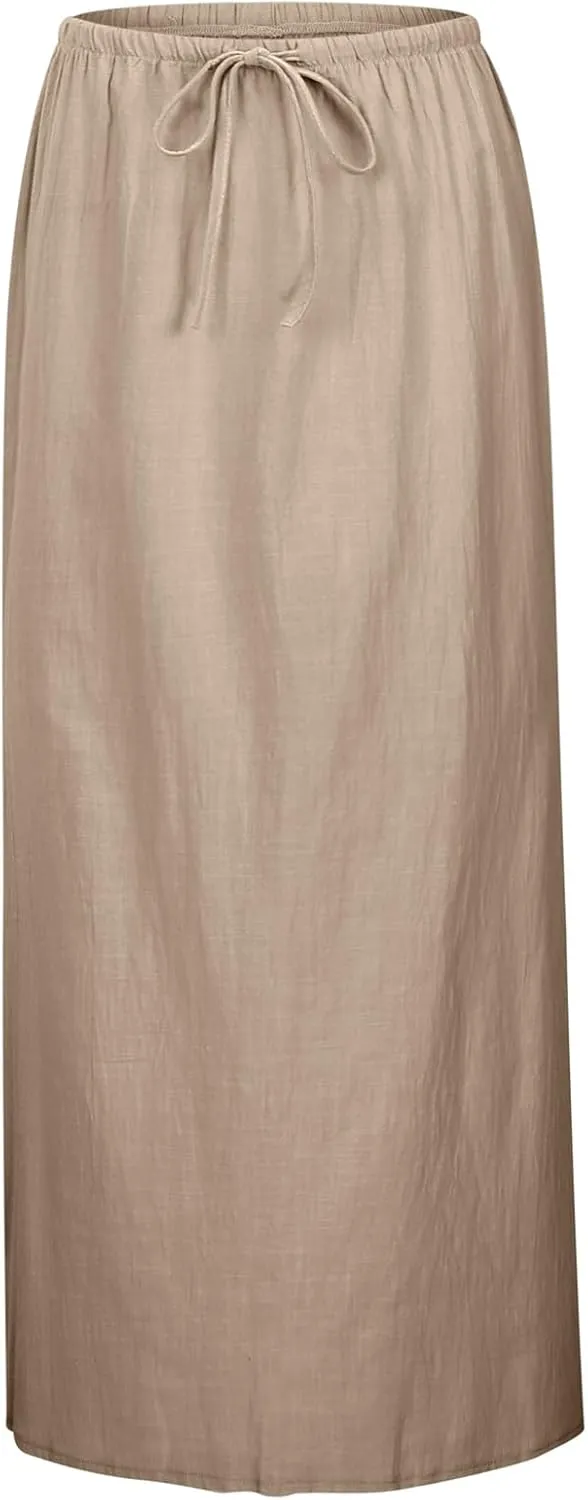 Linen Maxi Skirts for Women Trendy Summer Casual Boho Beach Vacation Flowy Long Skirts Drawstring Elastic Waist A Line Skirts