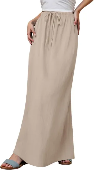 Linen Maxi Skirts for Women Trendy Summer Casual Boho Beach Vacation Flowy Long Skirts Drawstring Elastic Waist A Line Skirts