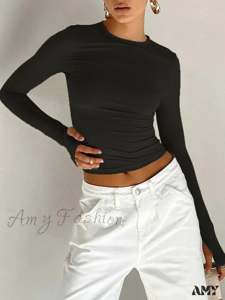 Long Sleeve Crew Neck Solid Slim Fit Thumb Holes Crop Top