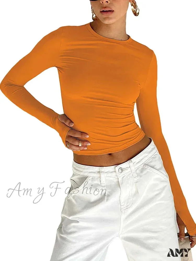 Long Sleeve Crew Neck Solid Slim Fit Thumb Holes Crop Top