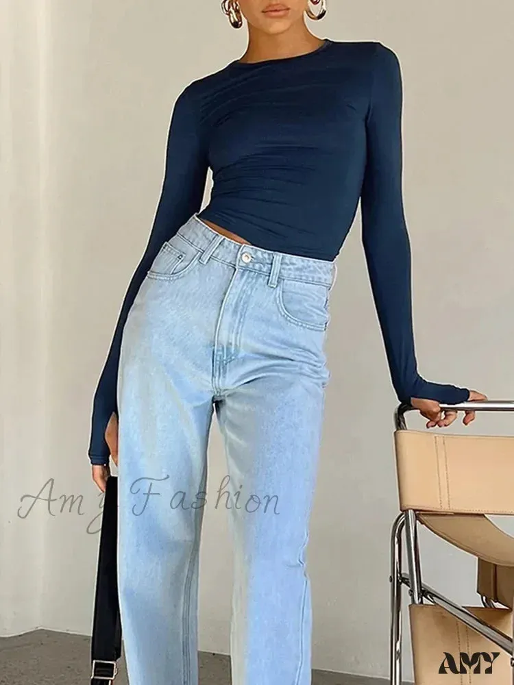 Long Sleeve Crew Neck Solid Slim Fit Thumb Holes Crop Top