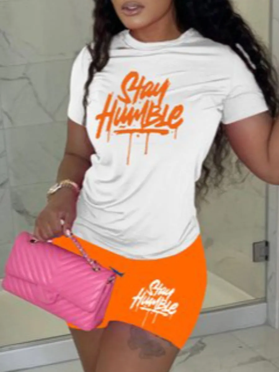 LW Letter Stay Humble Print Two Pieces Shorts Set