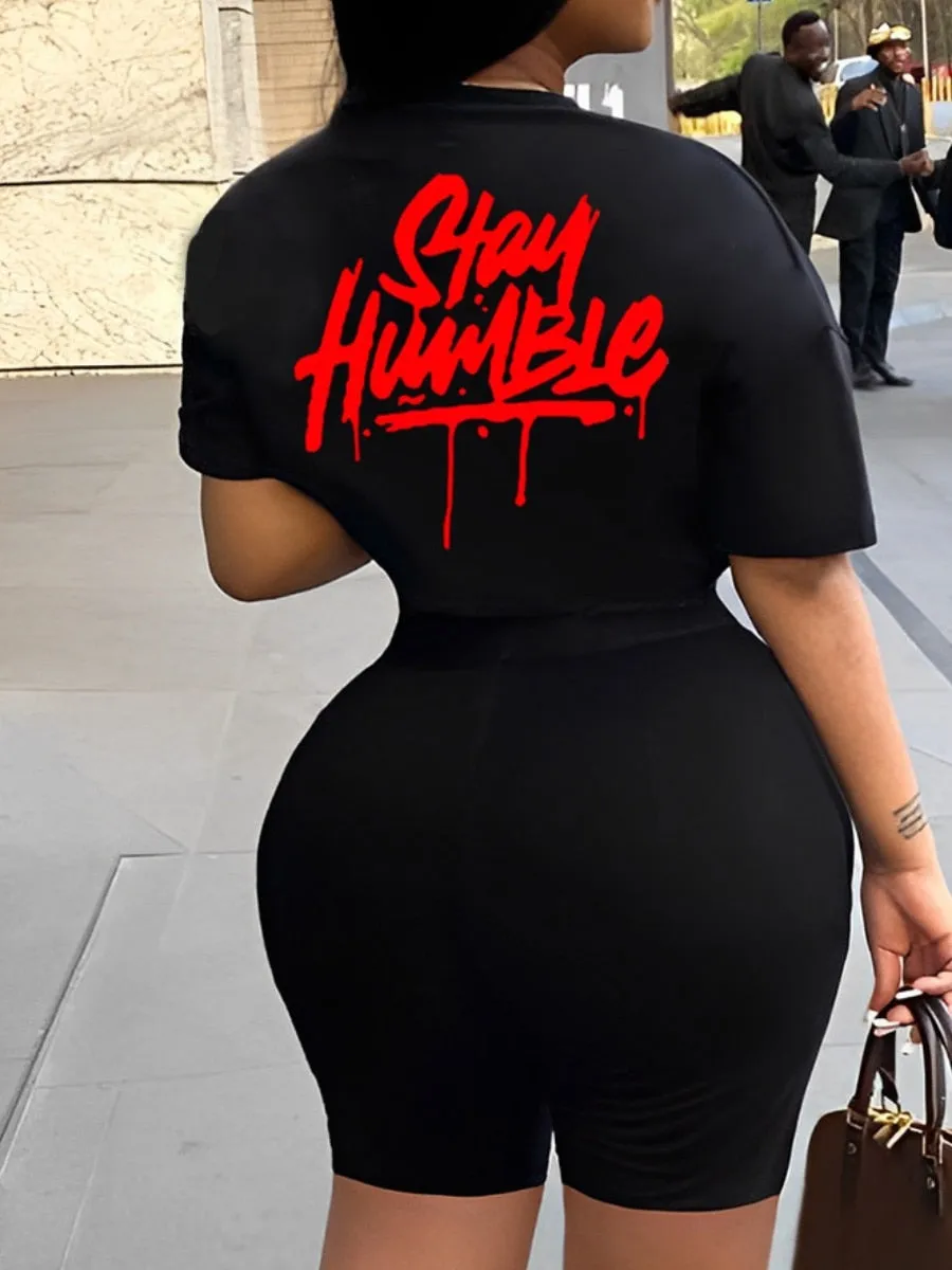 LW Letter Stay Humble Print Two Pieces Shorts Set