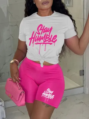 LW Letter Stay Humble Print Two Pieces Shorts Set