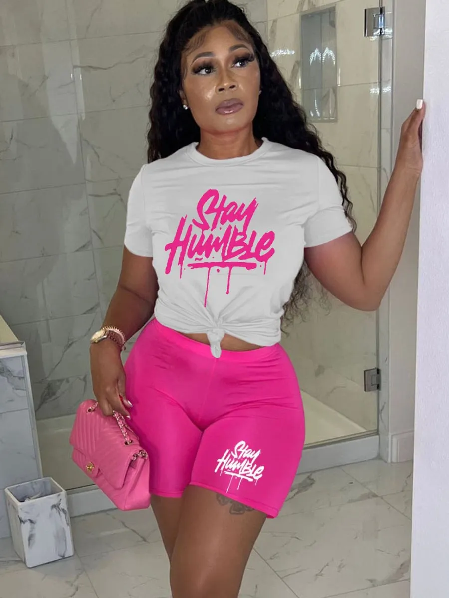 LW Letter Stay Humble Print Two Pieces Shorts Set