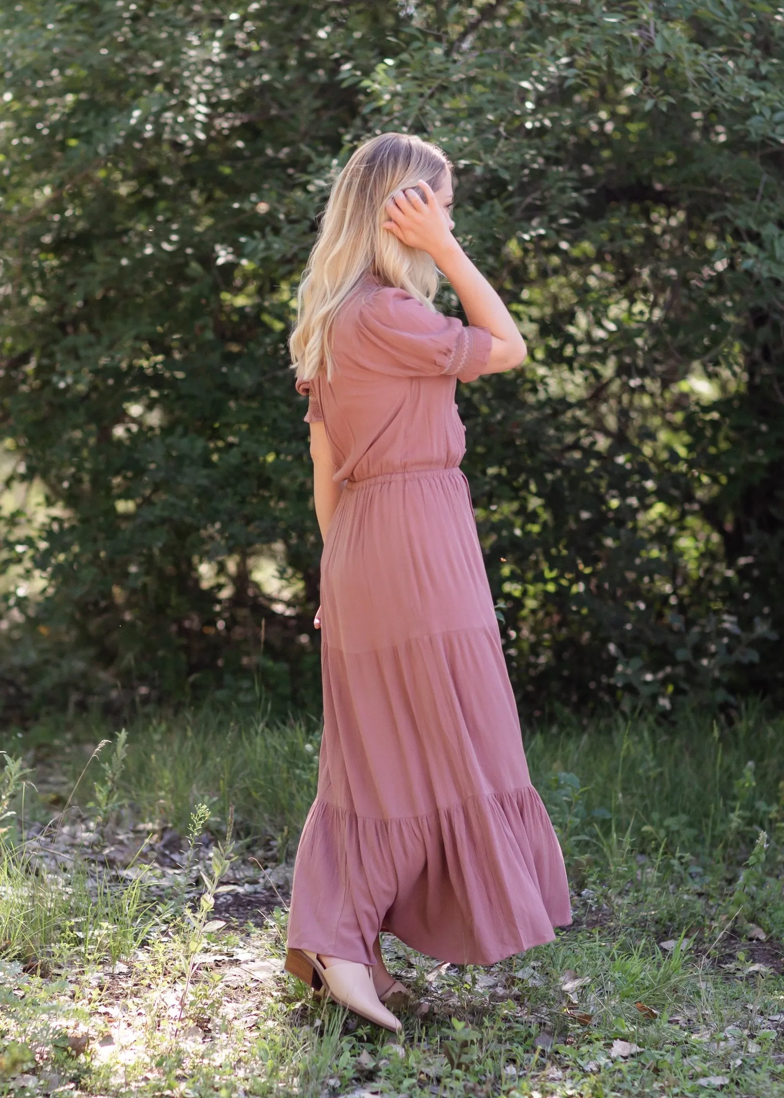 Mauve Gauze Puff Sleeve Maxi Dress