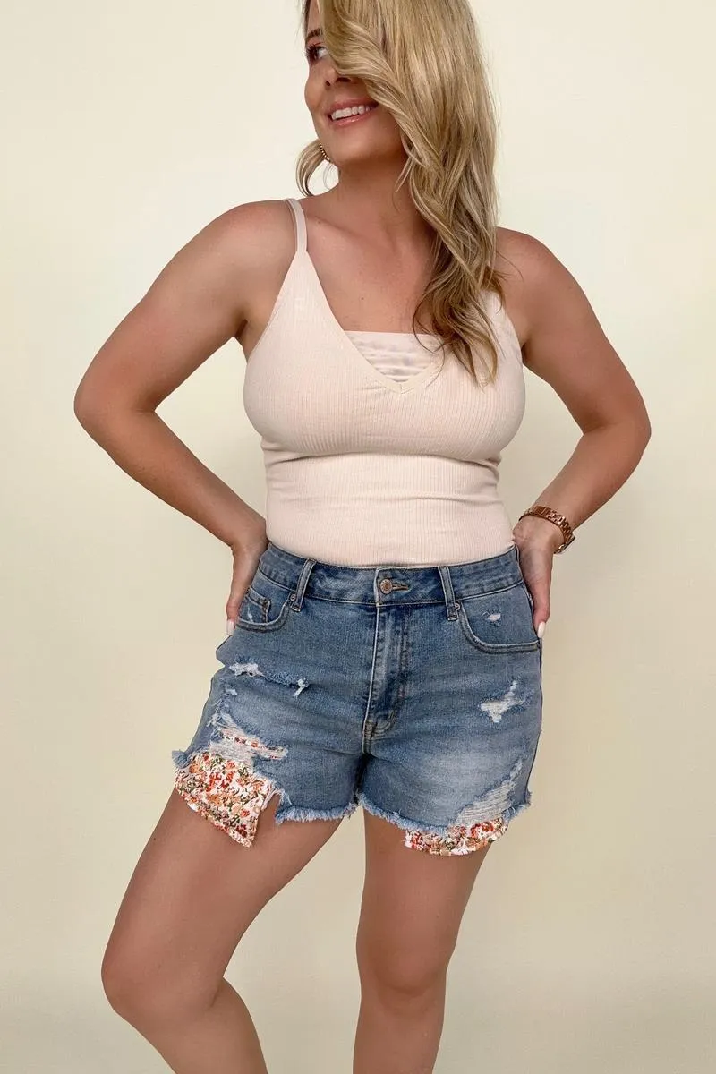 Mesh Patch V Neck Ribbed Knit Tank Top