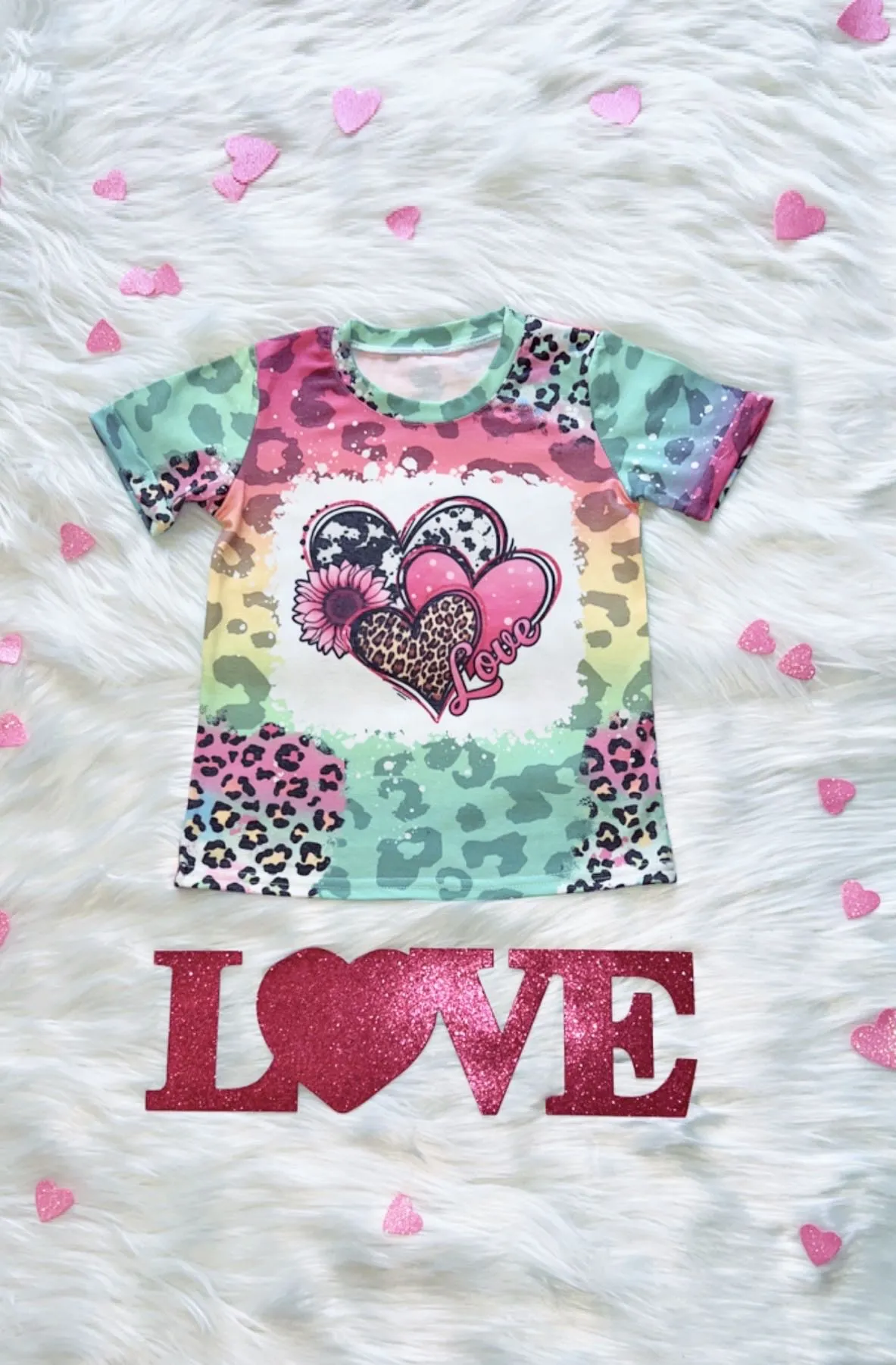 Multicolor animal print with hearts, sunflower, and love logo t-shirt DLH1212-2