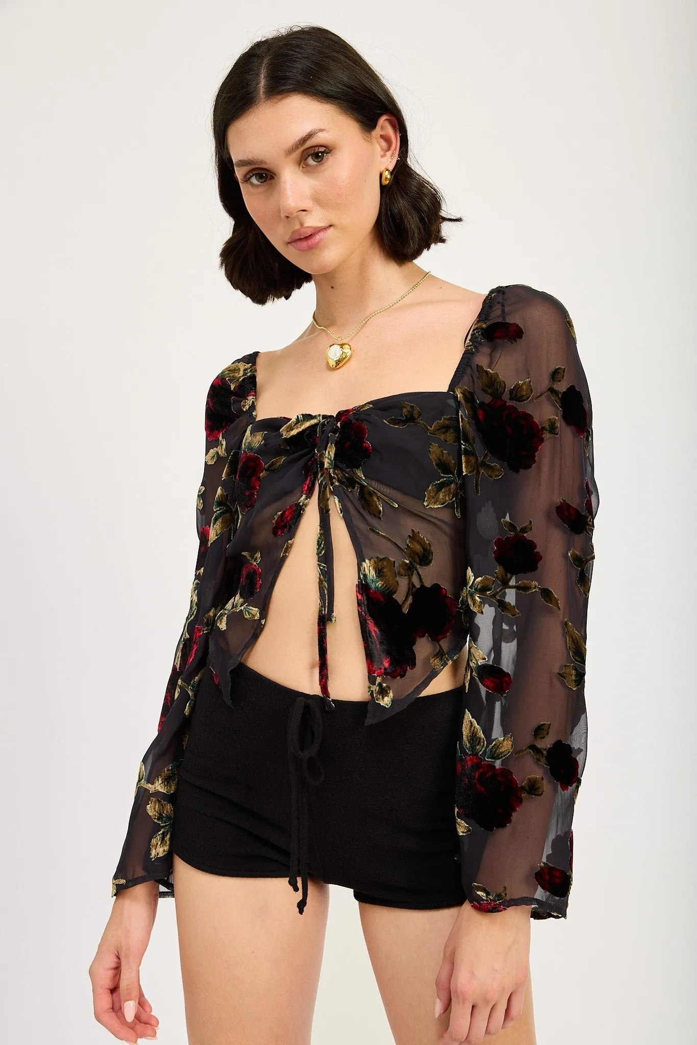 Open Front Sheer Long Sleeve Blouse