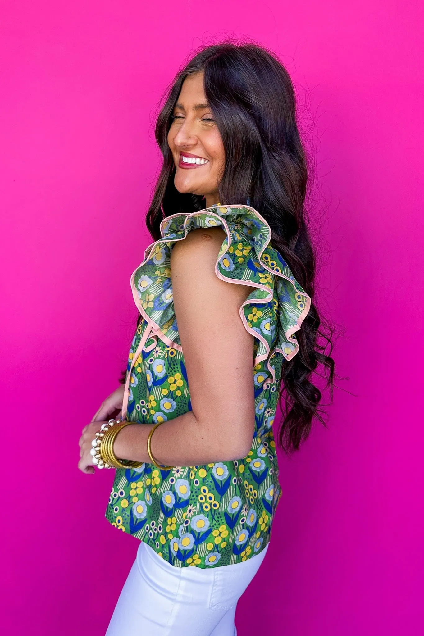 Pink Trim Tie Neck Double Ruffle Multi Color Floral Top