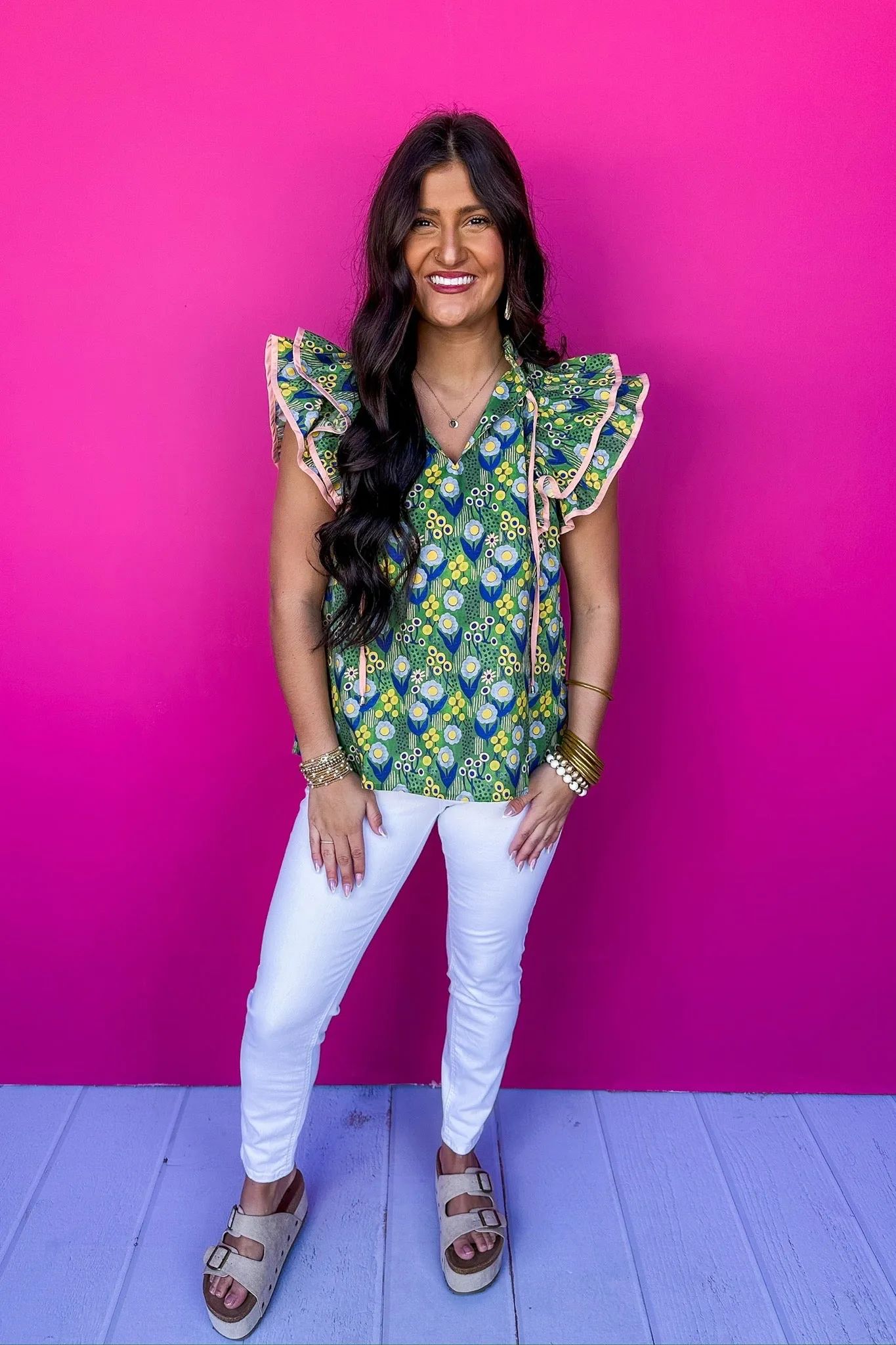 Pink Trim Tie Neck Double Ruffle Multi Color Floral Top